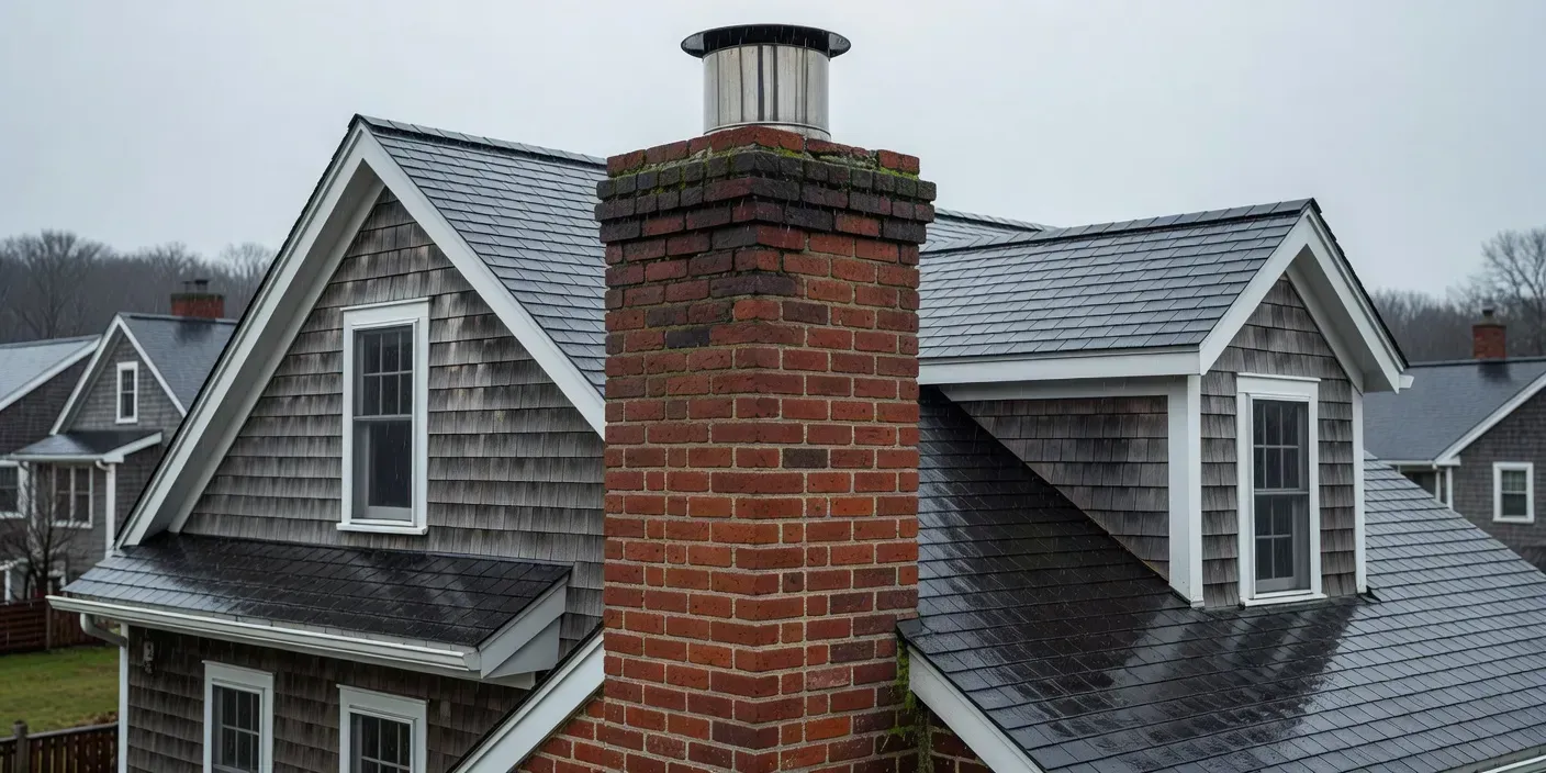 brick chimney on a Portland ME cape-style house with stainless liner collar visible above the crown after rain
