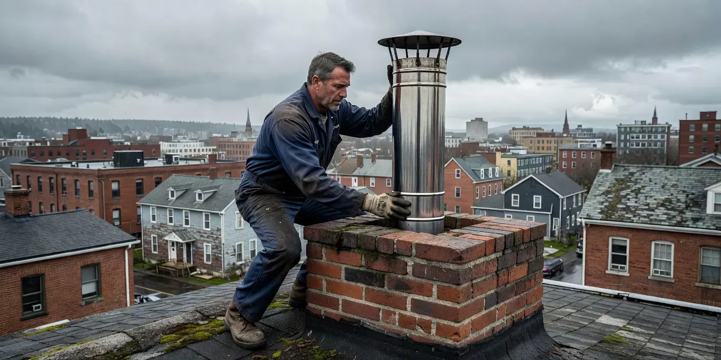 technician fitting a shiny stainless steel chimney liner into a brick flue on a Portland ME rooftop under overcast sky
