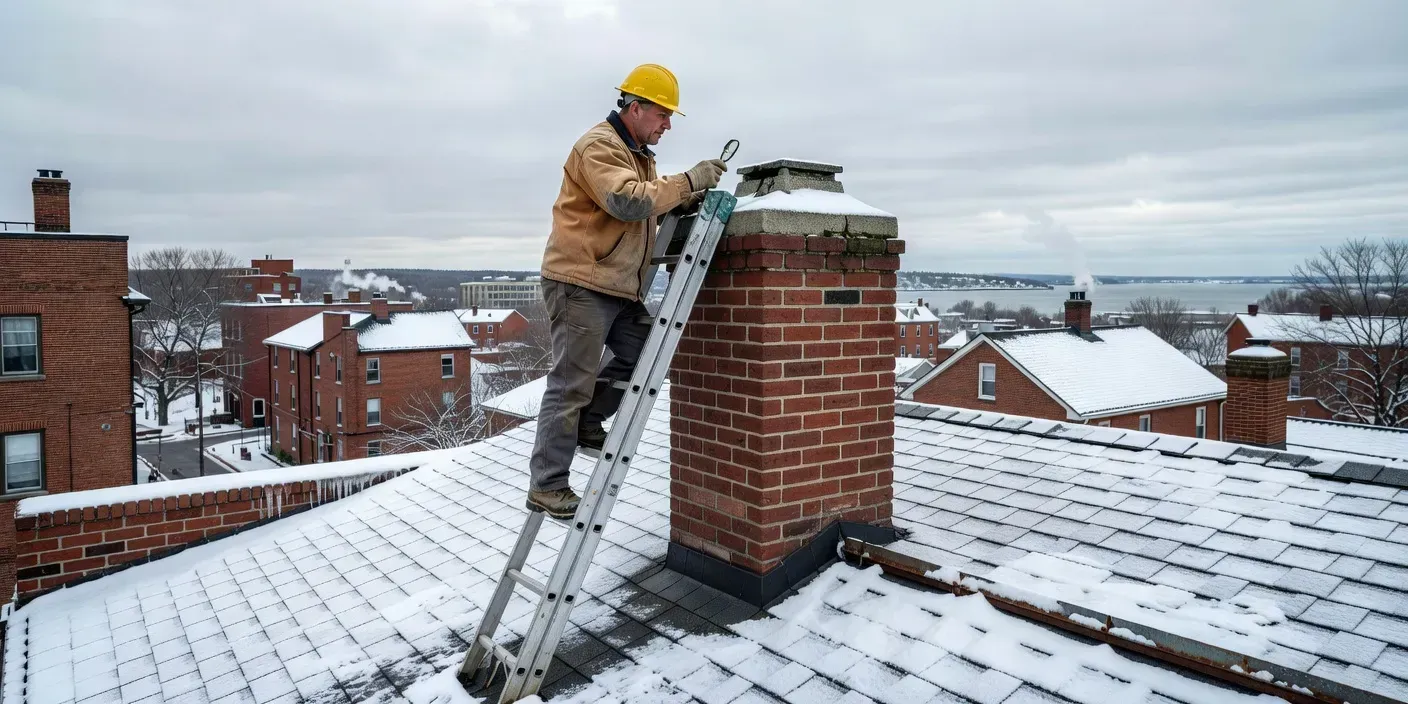 technician on a ladder inspecting a brick chimney crown above a snow-dusted Portland Maine rooftop