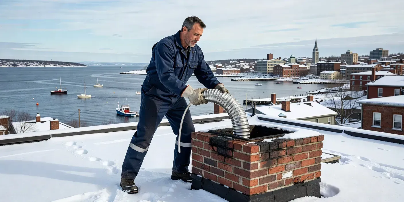 technician on a snowy Portland ME rooftop lowering a flexible stainless chimney liner into a brick flue beside Casco Bay
