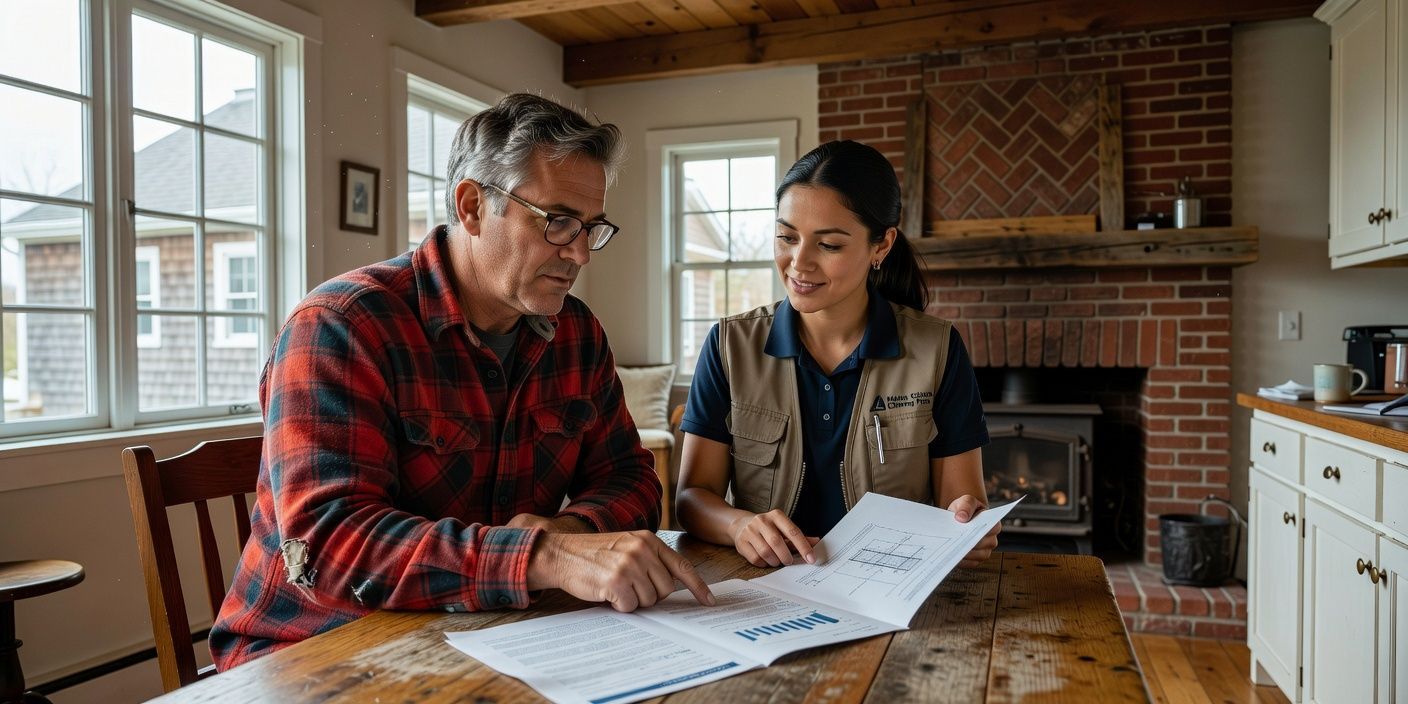 Homeowner and technician reviewing a printed chimney report at a kitchen table in a Portland Maine cape, daylight through a window with a brick fireplace visible behind them