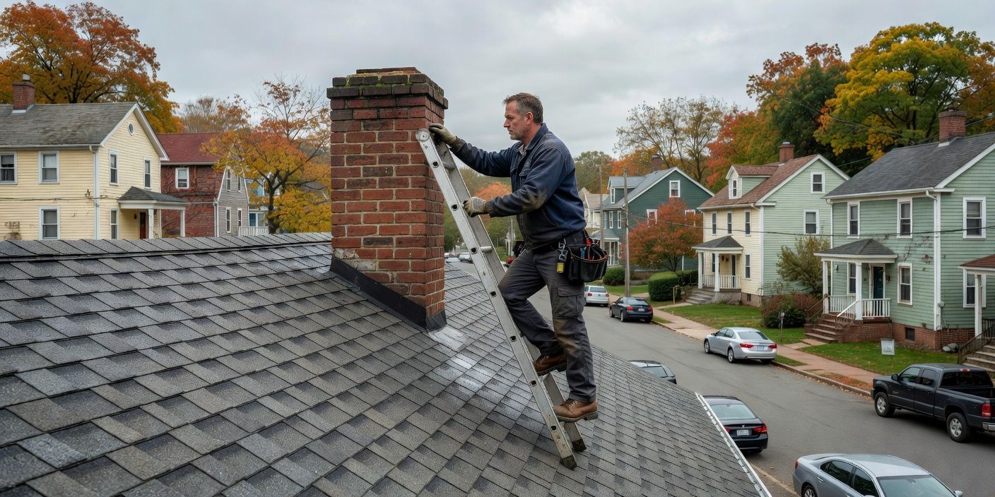 Technician on a ladder beside a brick chimney on a gray shingle roof overlooking a quiet Portland Maine neighborhood street on an overcast morning