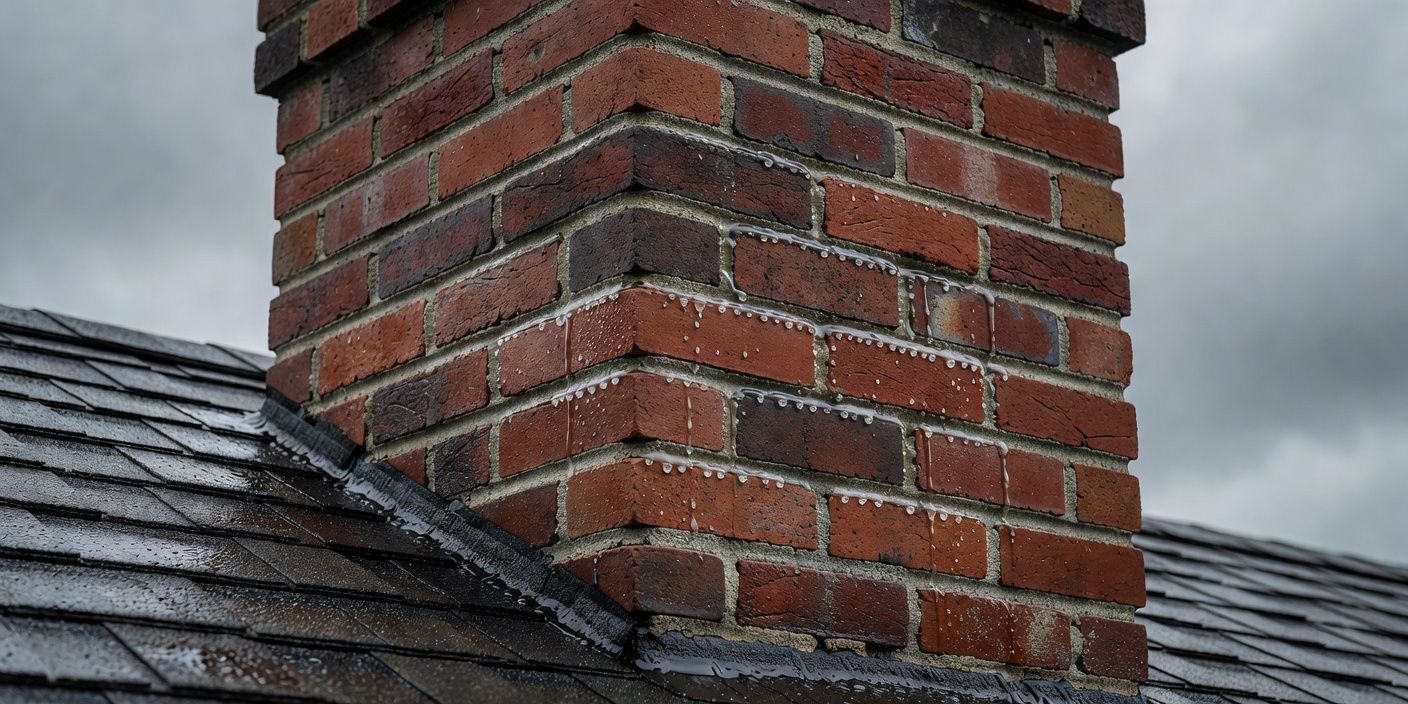 close-up of clear sealer beading on damp red brick chimney mortar joints under gray Portland sky with wet shingles below