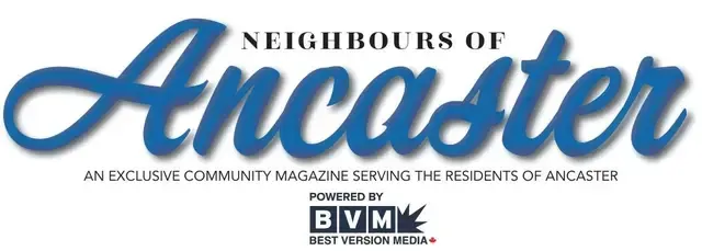 Neighbours of Ancaster logo with blue script text and a small BVM logo beneath it