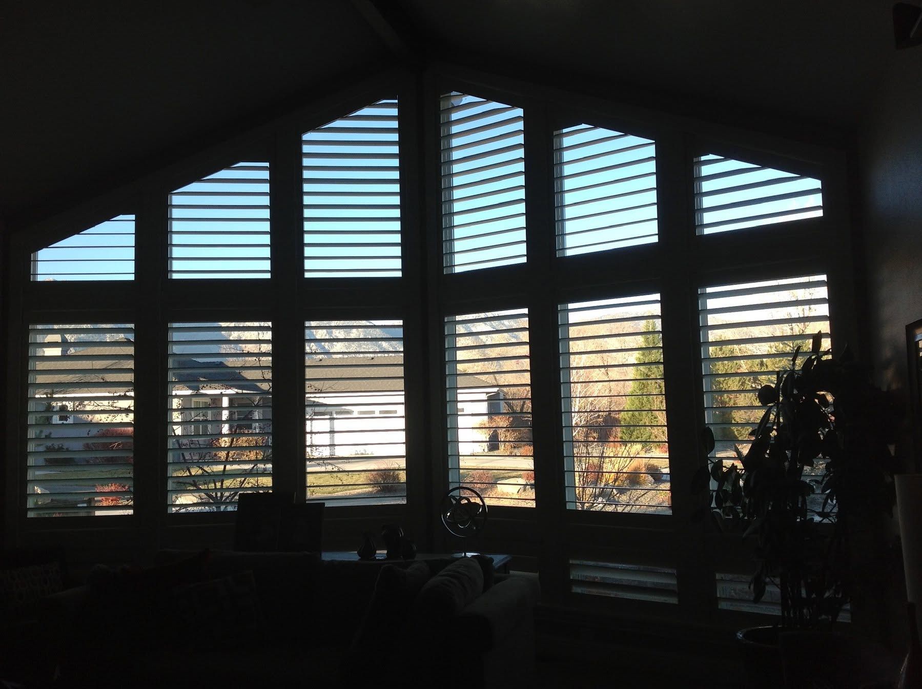 Dark room with large arched windows and blinds, looking out onto a bright outdoor scene
