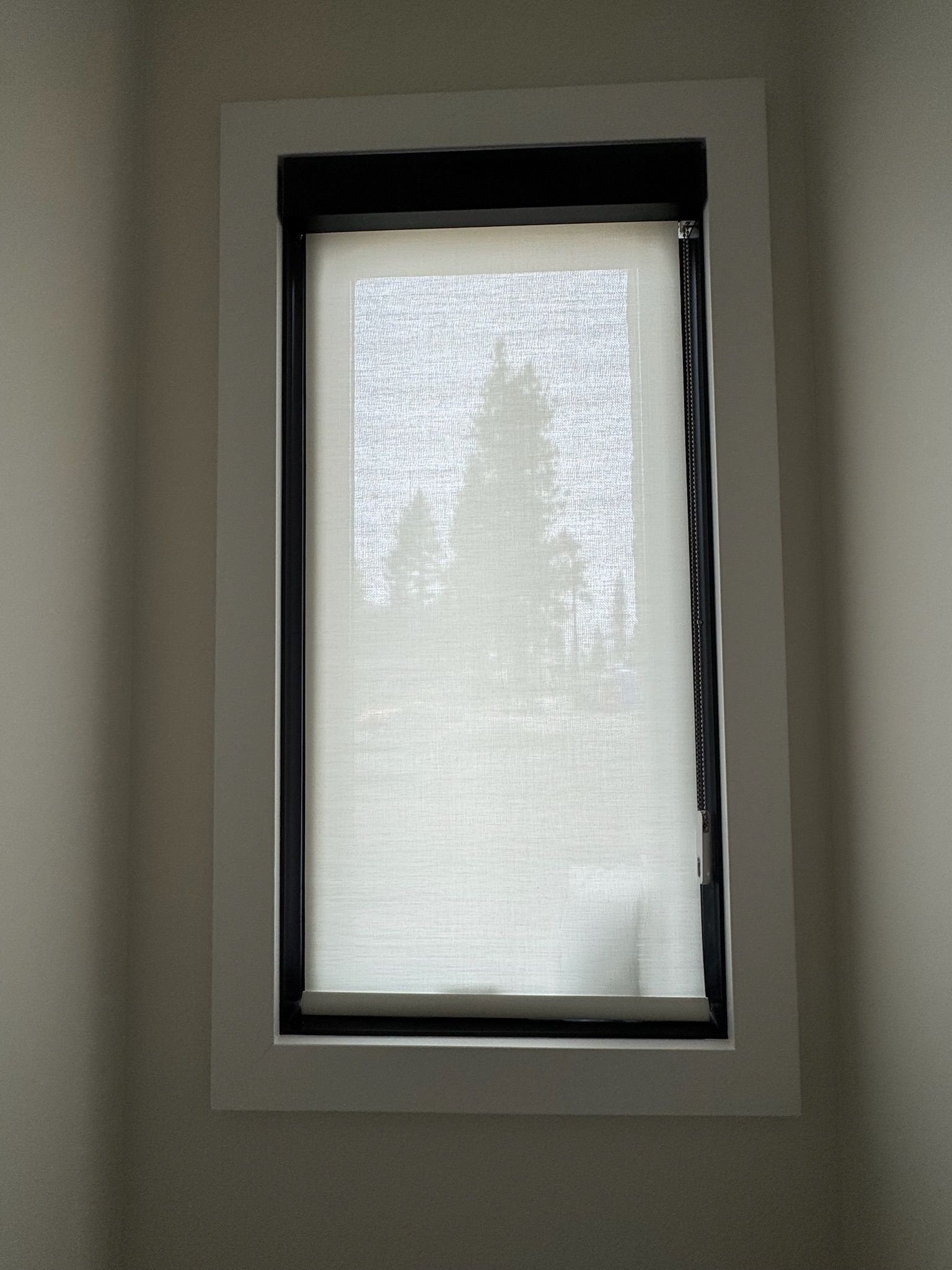 Tall narrow window with black trim and frosted glass on a beige wall