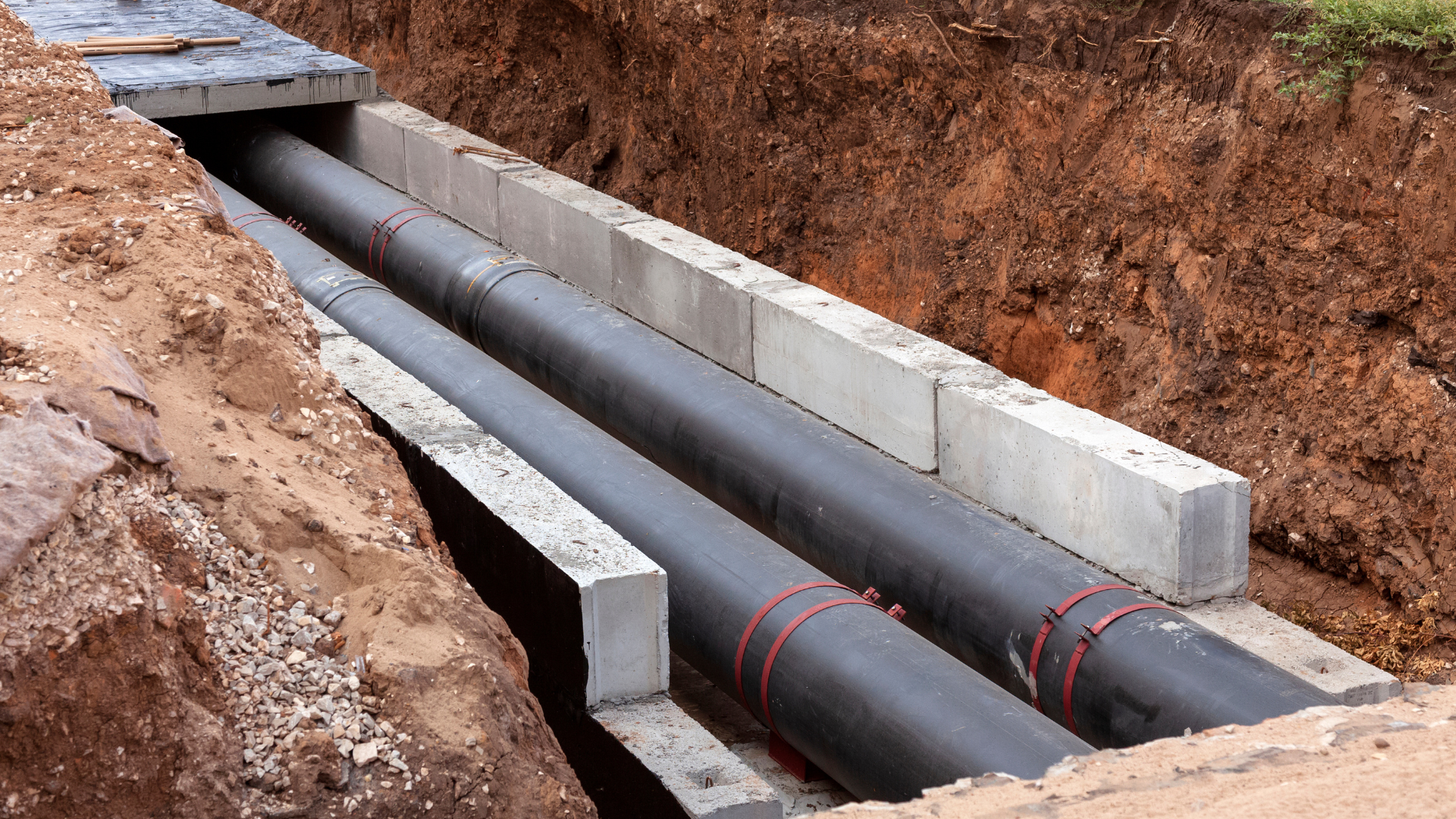 A row of black pipes are being installed in a trench.