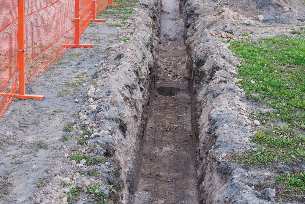 A trench is being dug in the ground next to a fence.