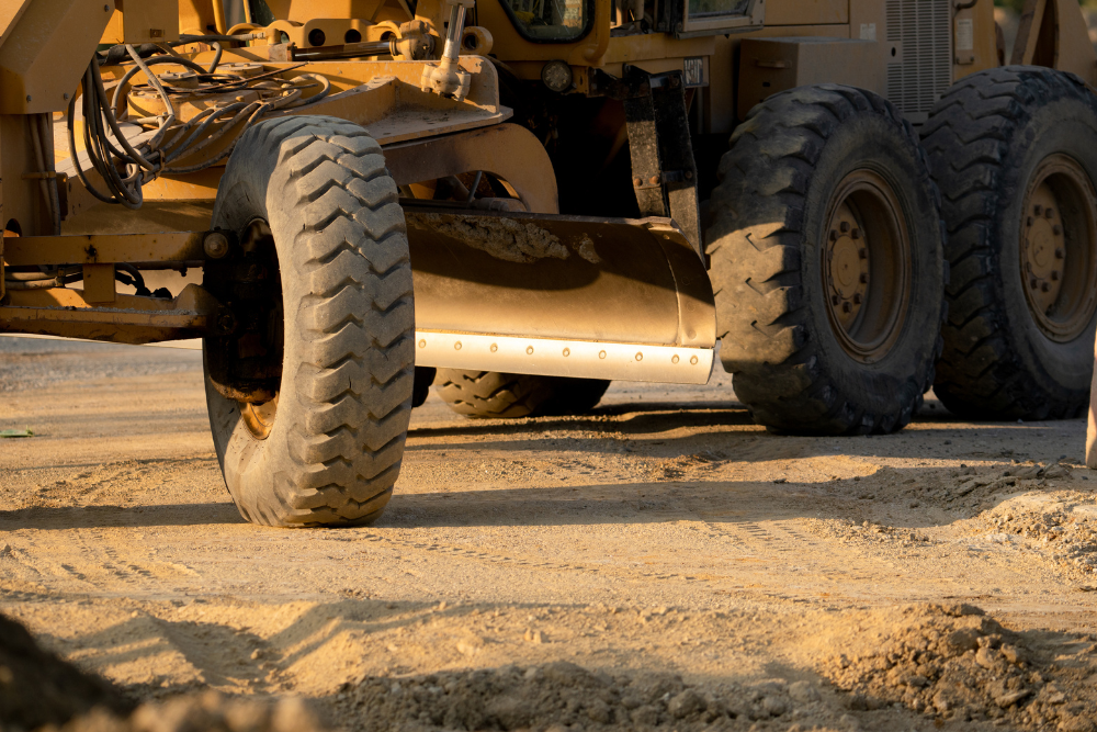 A bulldozer is moving dirt on a construction site