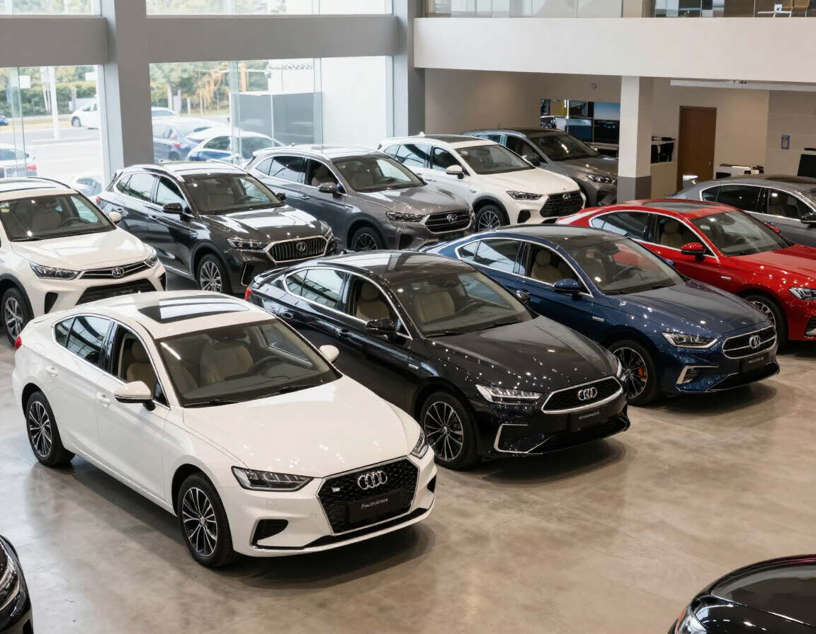 Sala de exposición de un concesionario de automóviles con filas de coches aparcados en blanco, negro, azul y rojo.