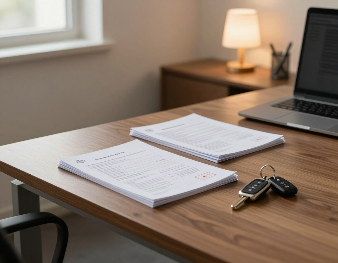 Escritorio de oficina en casa con cuadernos, computadora portátil, llaves y una lámpara encendida cerca de una ventana.