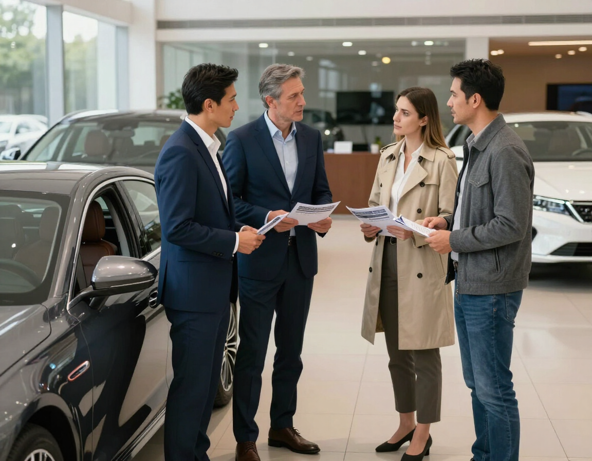 Cuatro personas discutiendo sobre papeleo junto a un coche negro en una sala de exposición.
