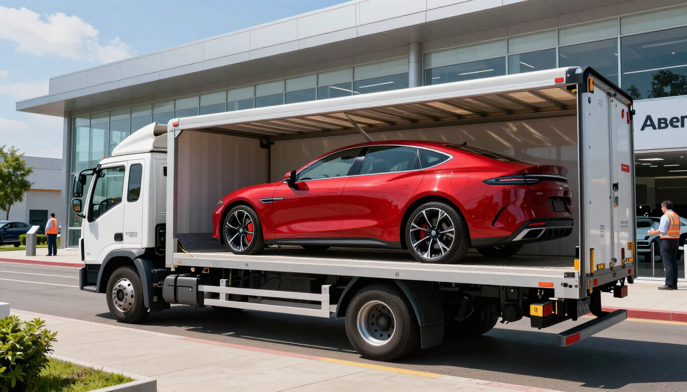 Coche deportivo rojo sobre una grúa de plataforma frente a un concesionario o sala de exposición.
