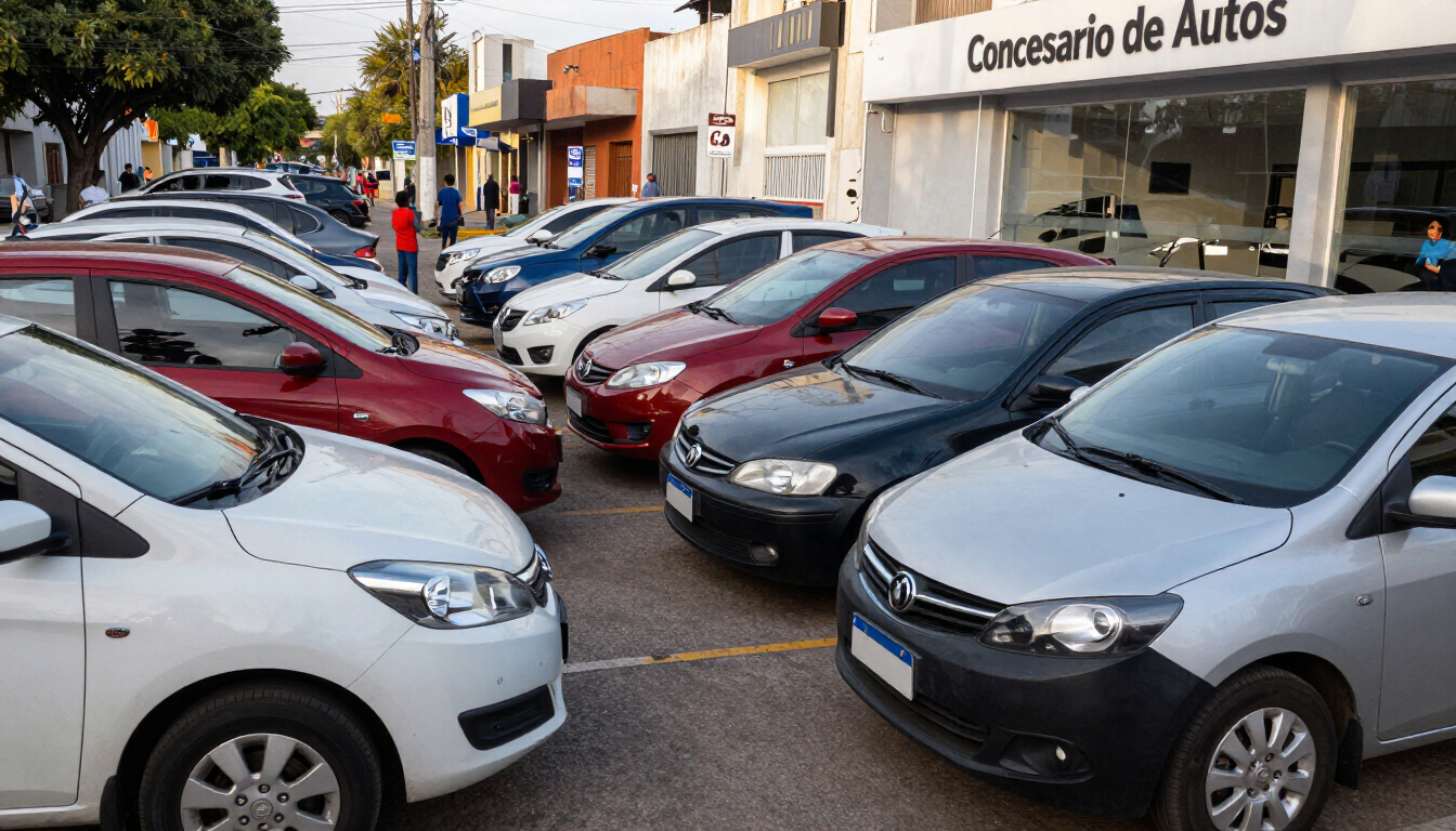 Lote de autos usados ​​con varios autos estacionados afuera de un letrero de concesionario que dice “Concesario de Autos”.