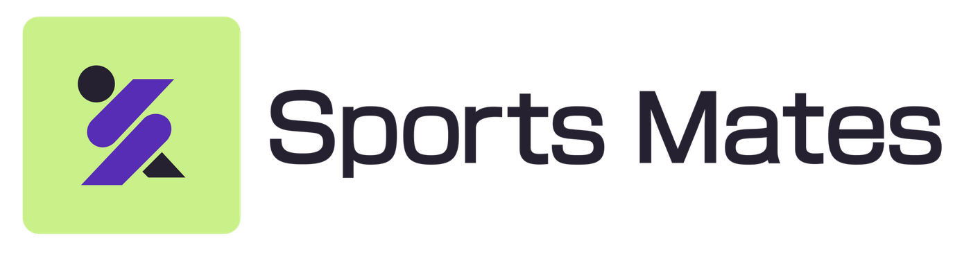 The logo for sports mates is purple and green and says sports mates.