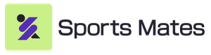 The logo for sports mates is purple and green and says sports mates.