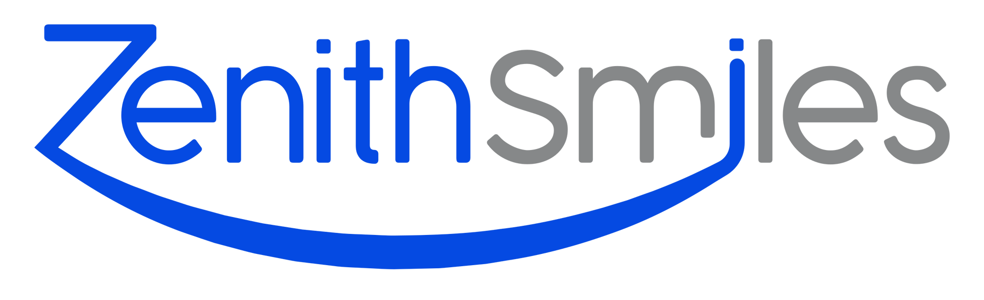 ZenithSmiles logo in blue and gray with a curved blue smile underline