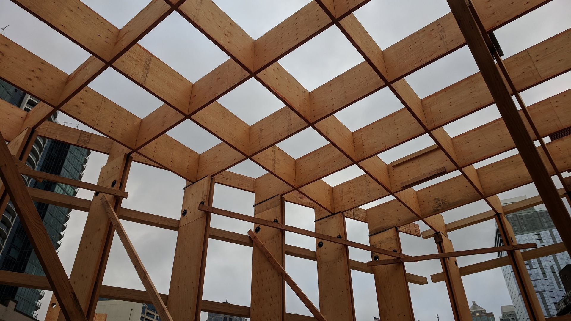 Looking up at the ceiling of a building under construction