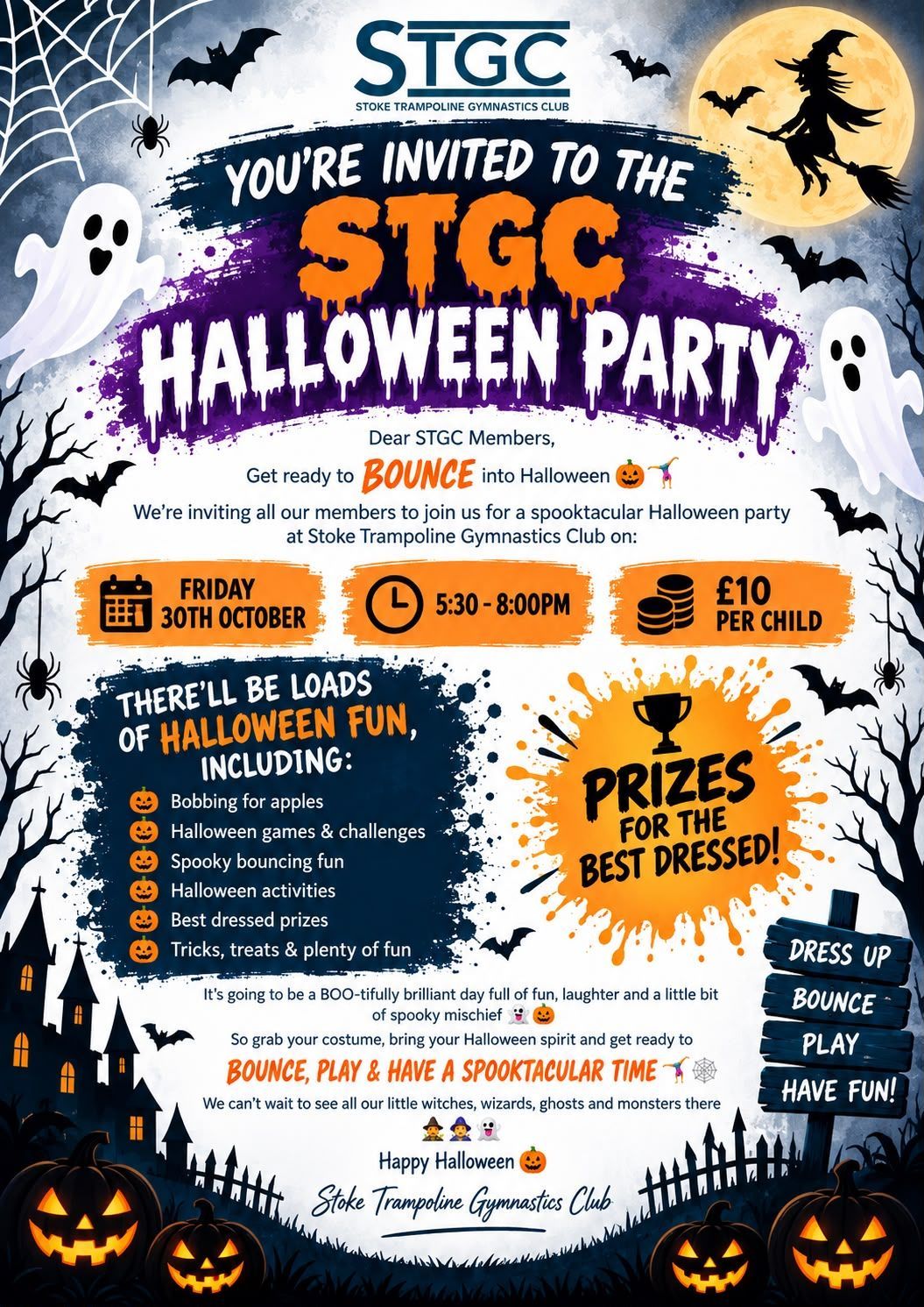 Kids's Trampoline Halloween Party Poster logo for Stoke Trampoline Gymnastics Club