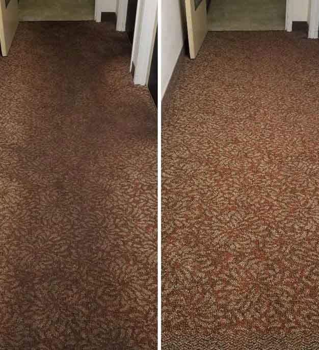 A before and after photo of a brown carpet in a hallway.
