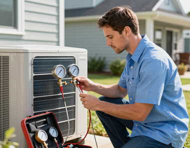 Technician in blue shirt servicing an outdoor air conditioner with gauges and hoses