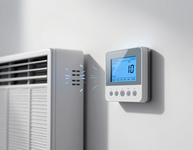 Wall thermostat with blue display beside a white radiator on a light gray wall