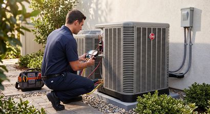 Technician kneels beside outdoor HVAC unit, checking it with a tool kit nearby.