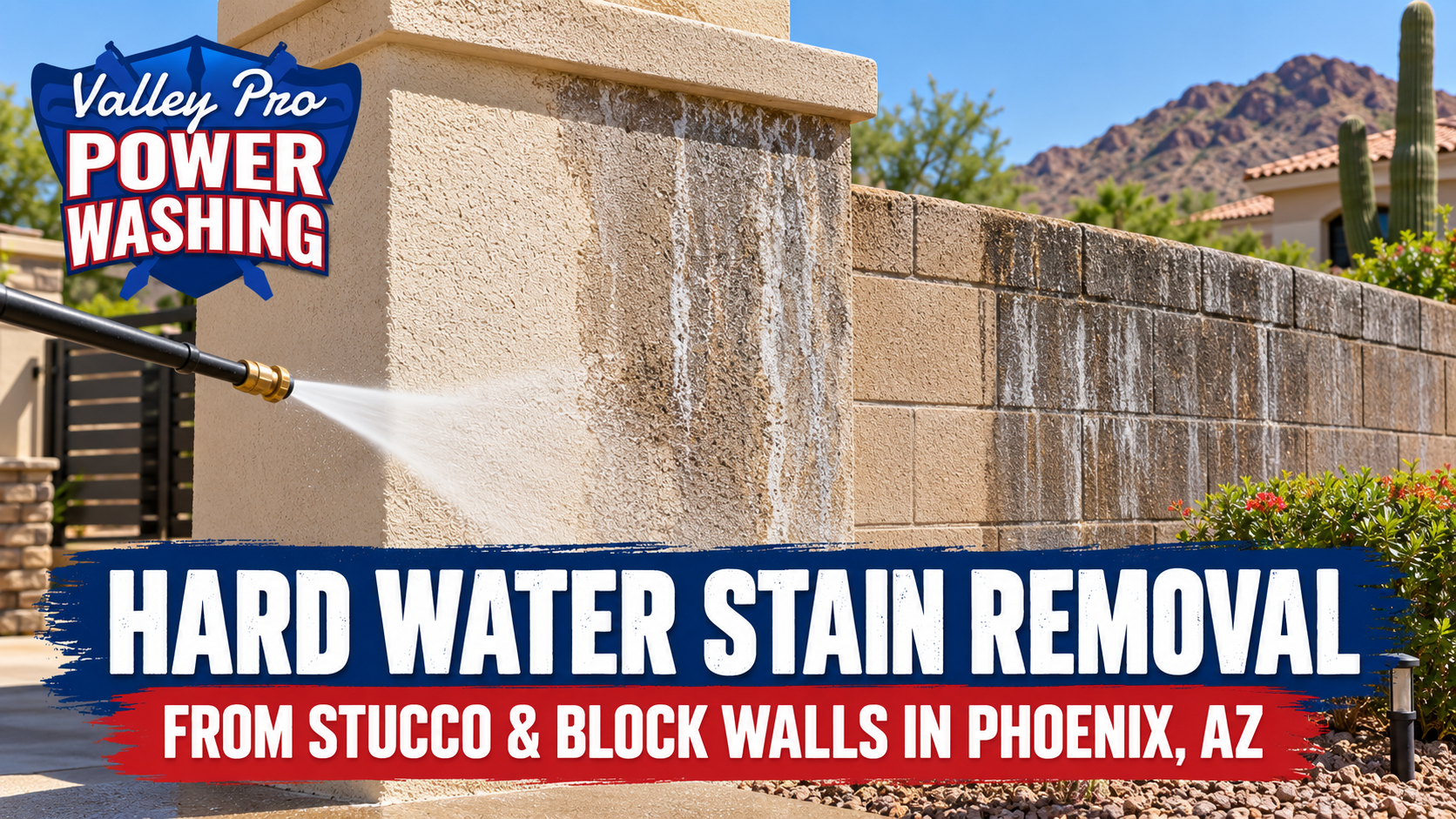 Power washing hard water stains from a stucco and block wall in Phoenix, AZ