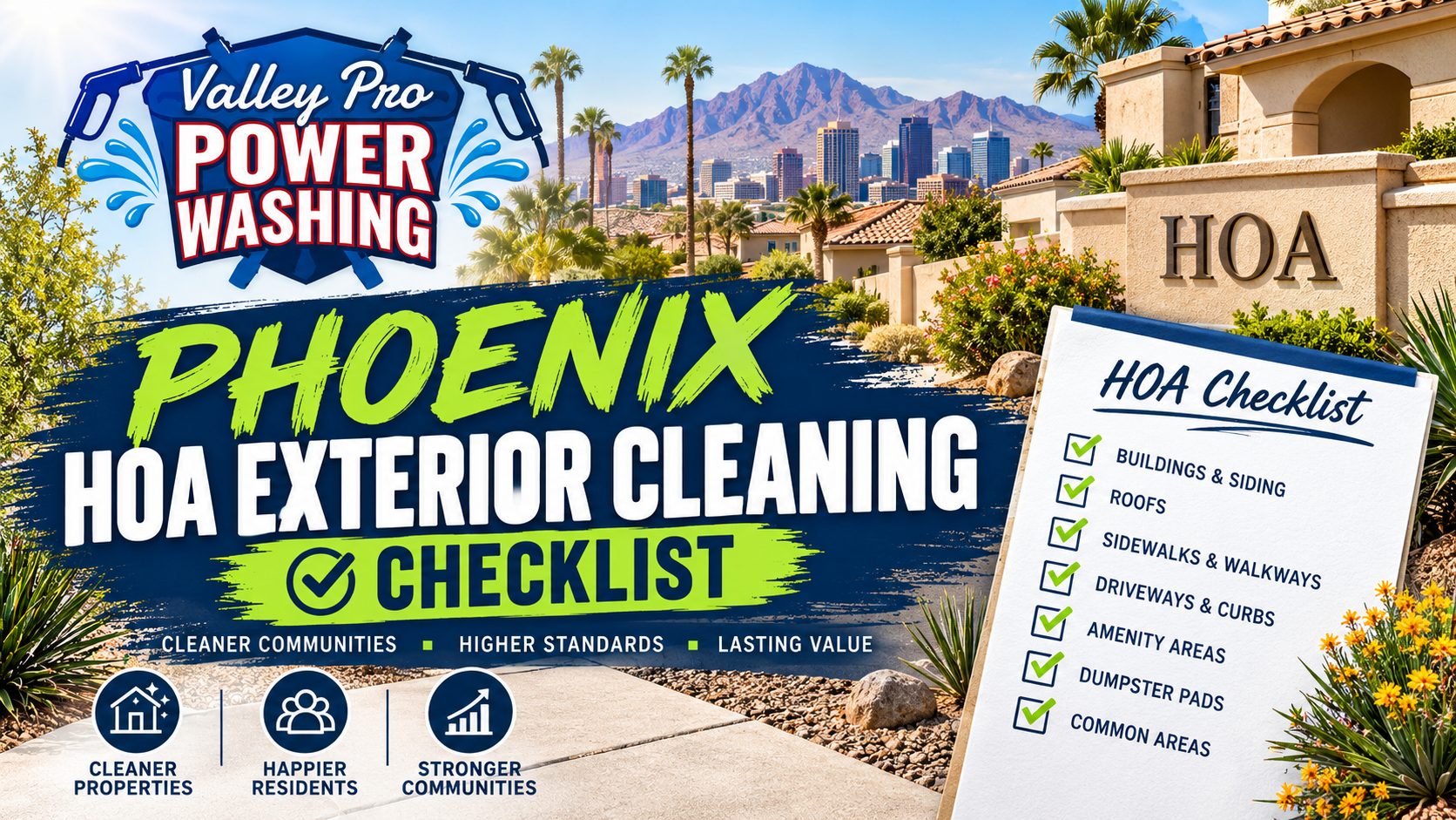 Phoenix HOA exterior cleaning checklist ad with desert home, mountains, and HOA clipboard