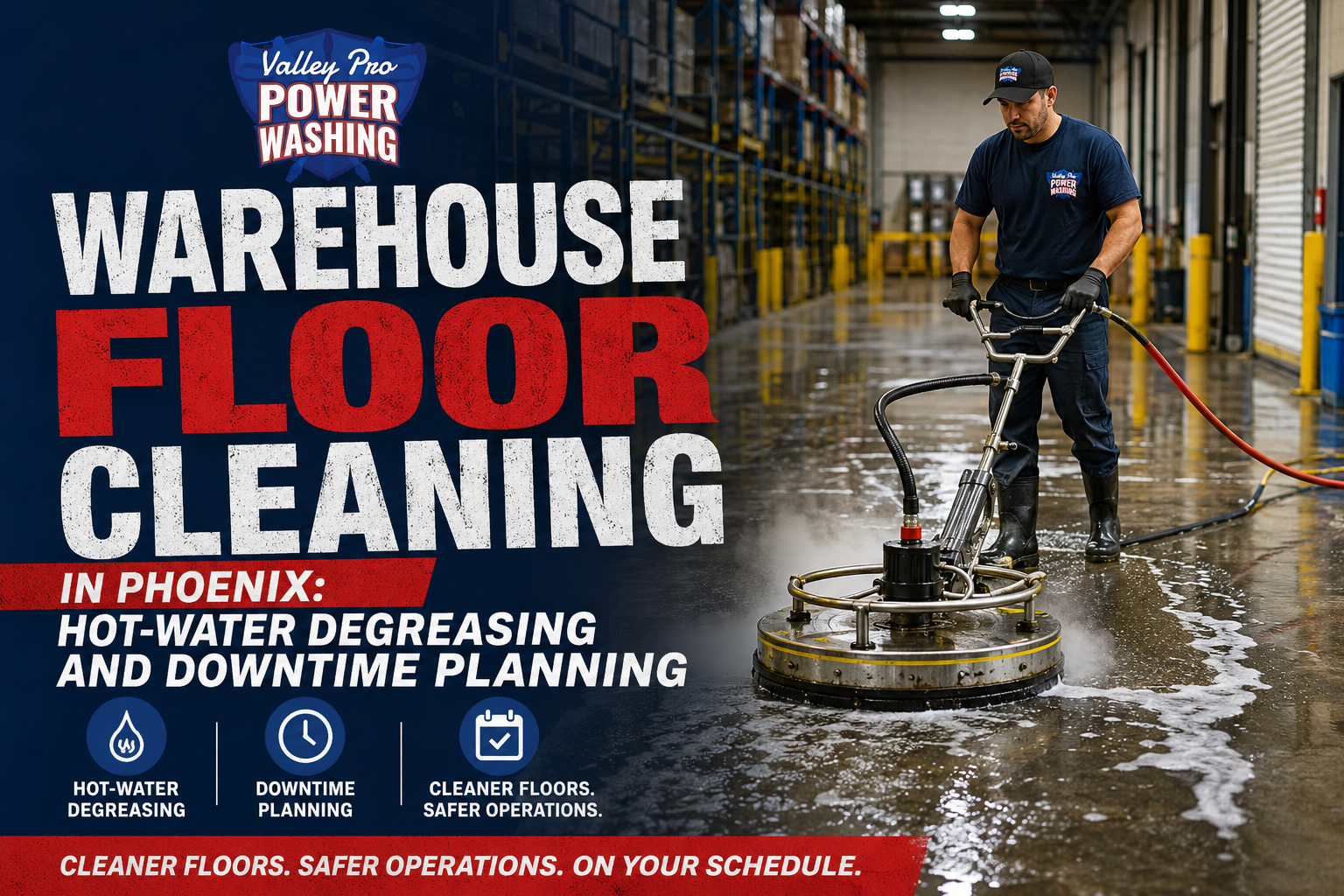 Warehouse floor cleaning ad with a worker power washing a wet floor in a warehouse.