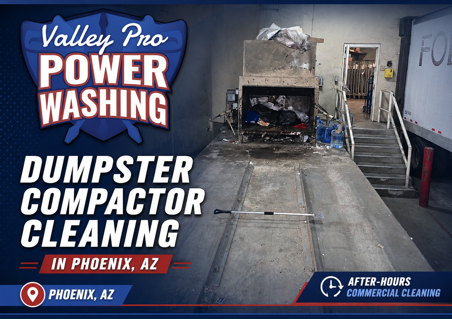 Dumpstar compactor cleaning ad with dirty industrial bin, blue and red branding, Phoenix, AZ