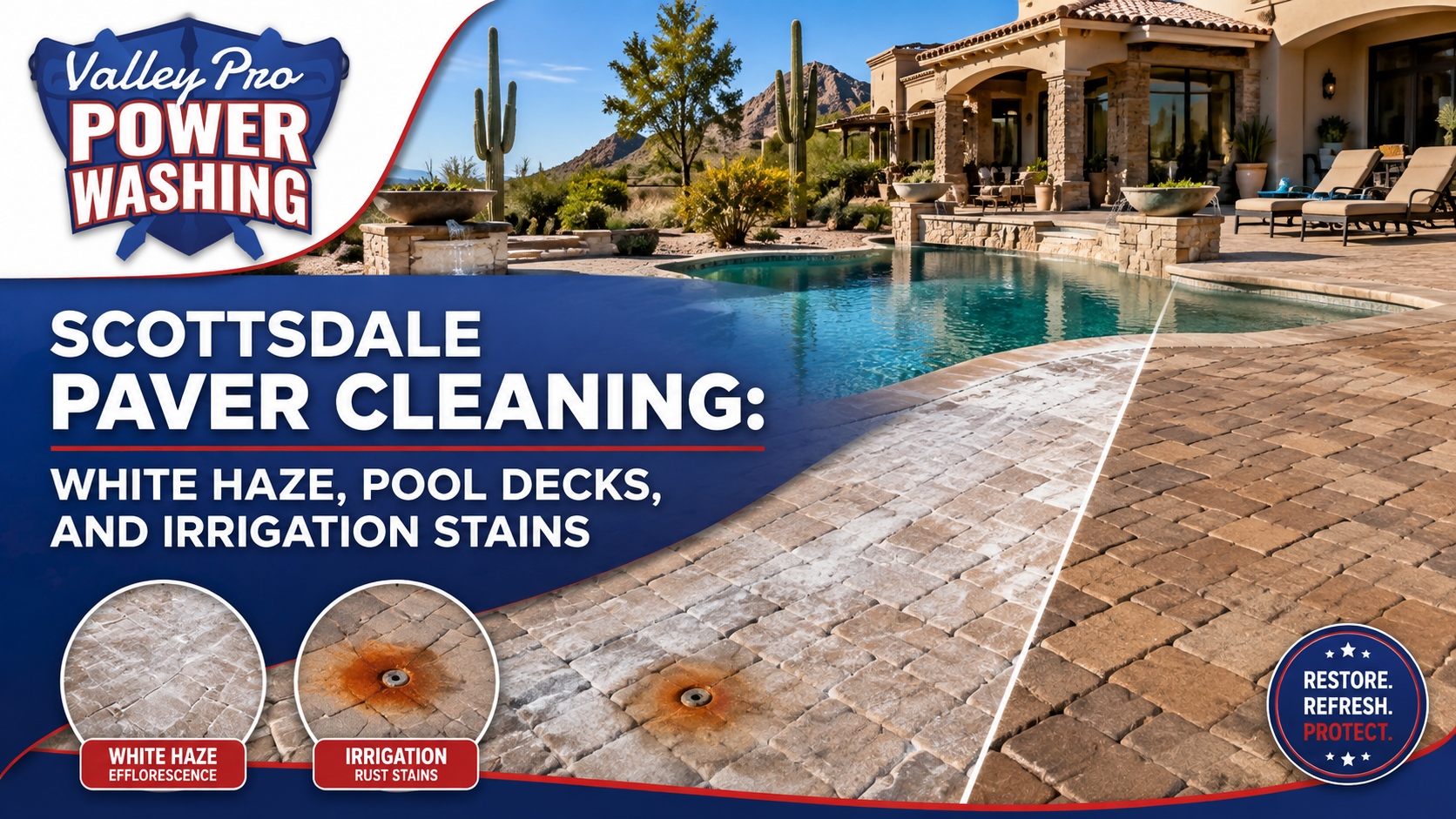 Scottsdale power washing ad for white haze, pool deck, and irrigation stain removal at a luxury home