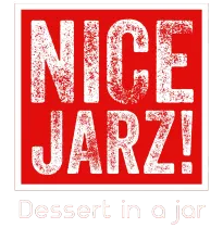 Red square with distressed white text reading “NICE JARZ!” and faint “Dessert in a jar” below.