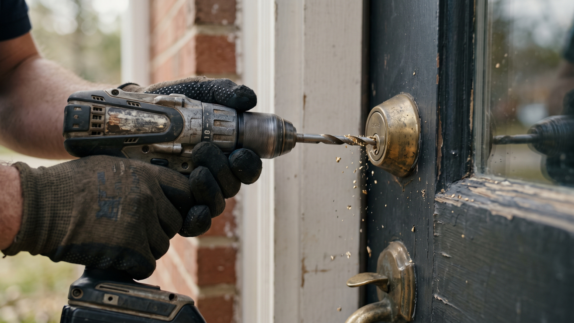 Gloved hands using a power drill to open a brass deadbolt on a blue door