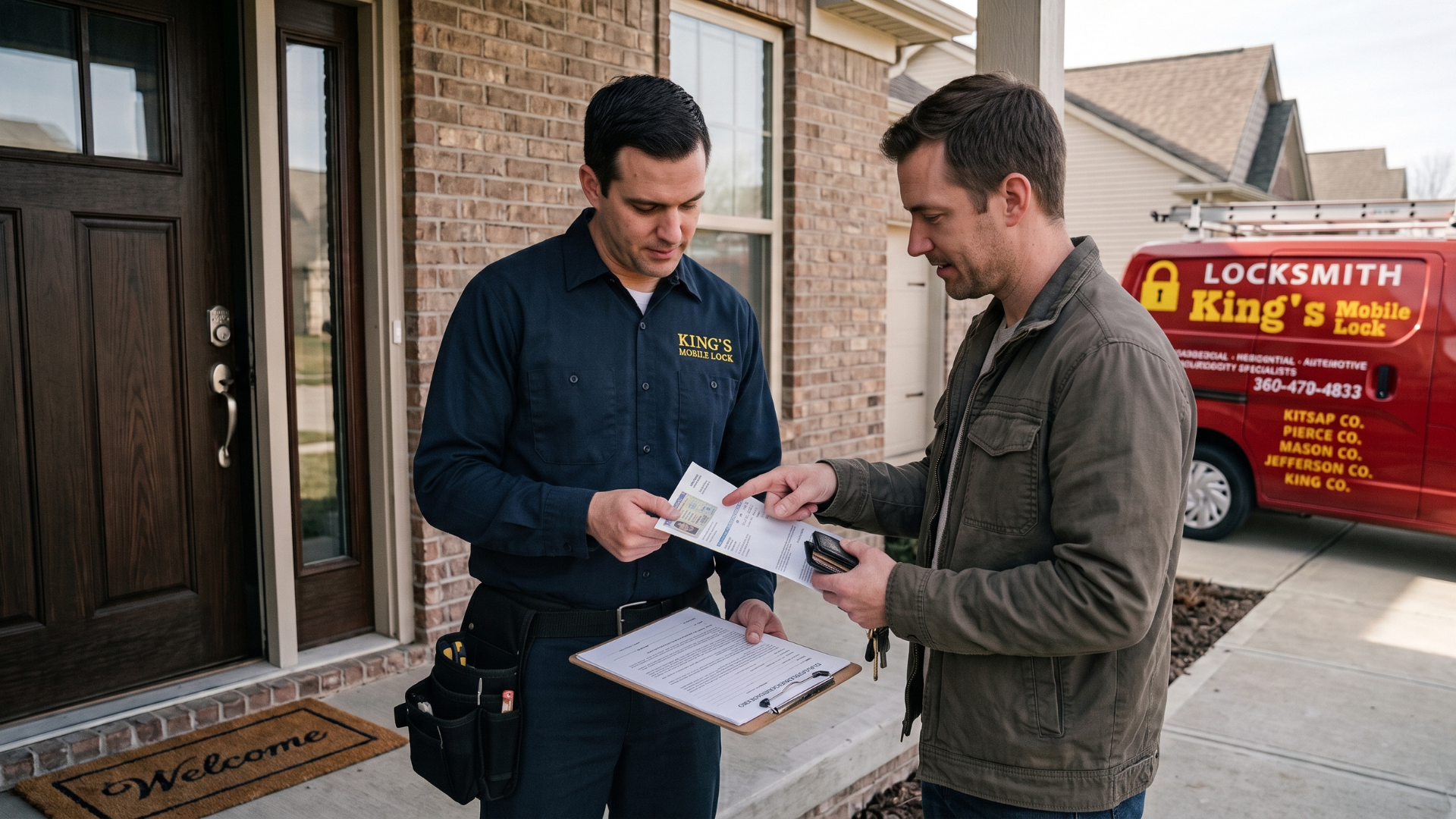 Two men reviewing paperwork, outside is a locksmith van by King's Mobile Lock