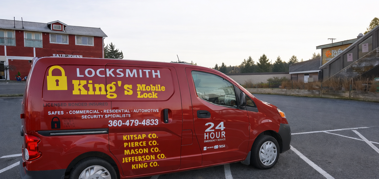 A red King's Mobile Lock locksmith van parked in a paved lot near buildings.