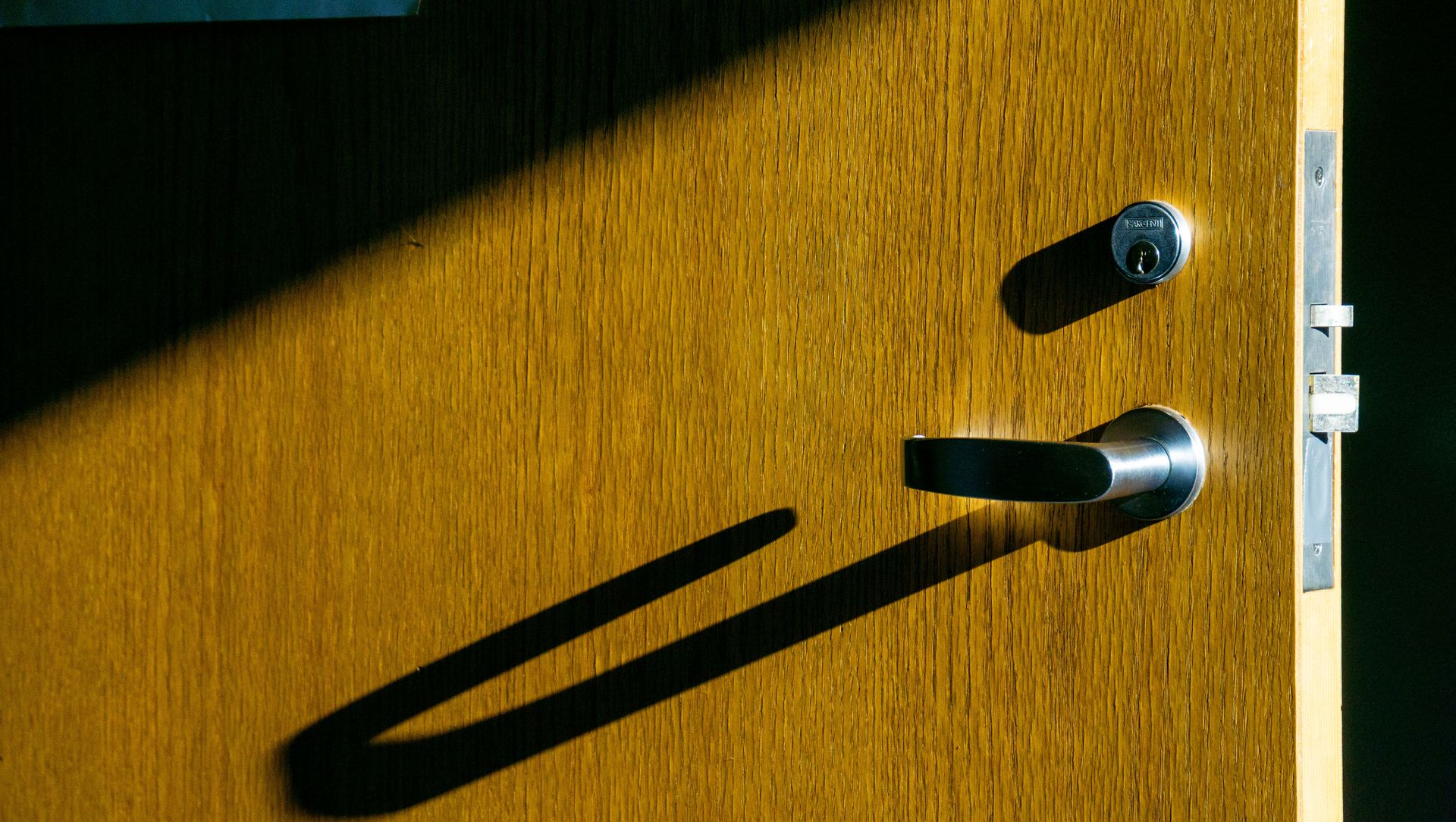 Closed wooden door with silver handle and lock, casting a long shadow in sunlight