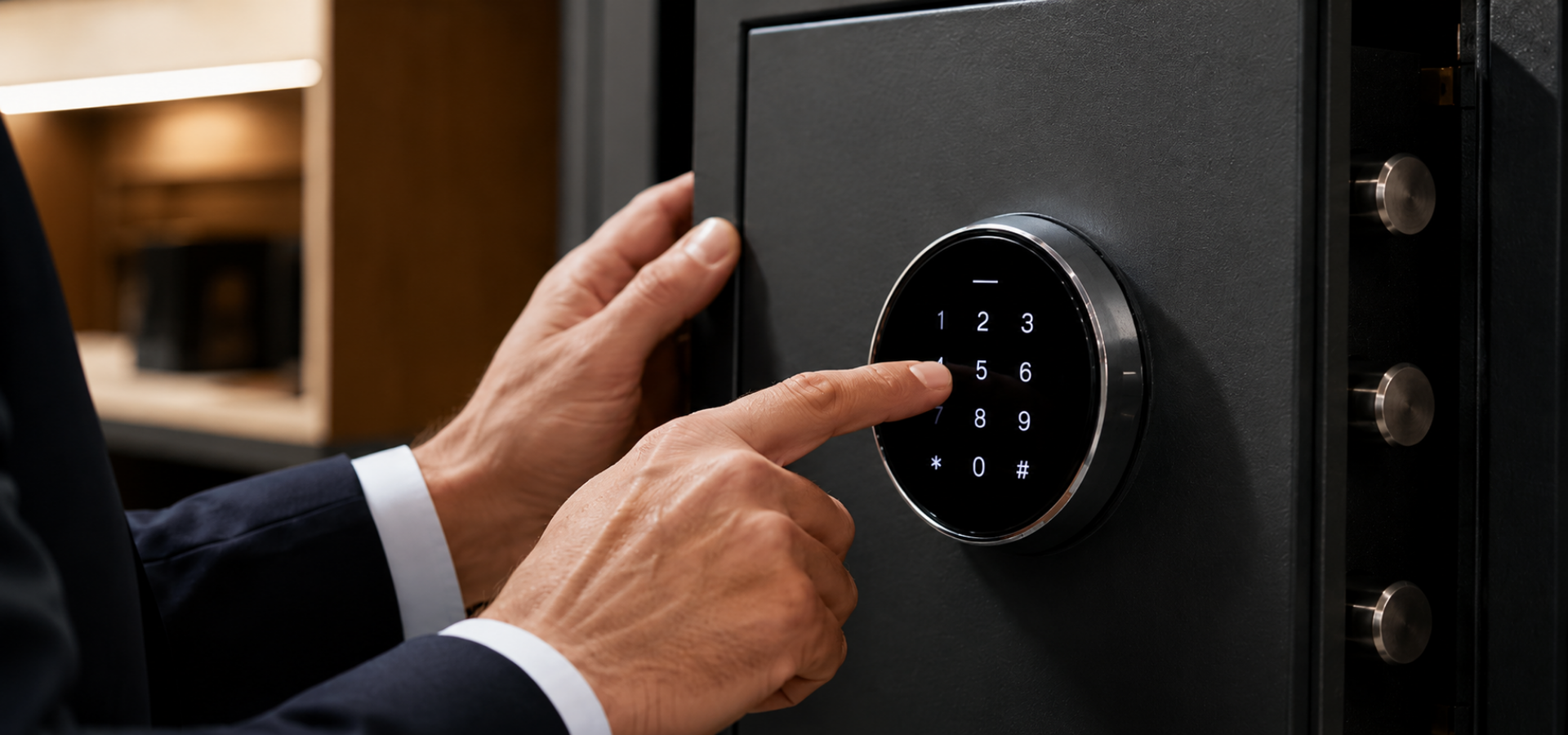Hands entering a black digital safe keypad to unlock the door