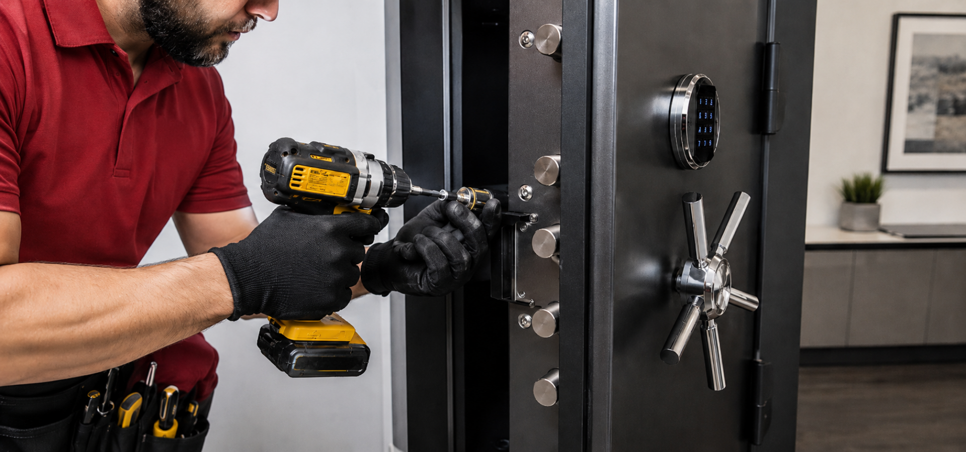 Technician using a power drill to install a lock on a black metal door