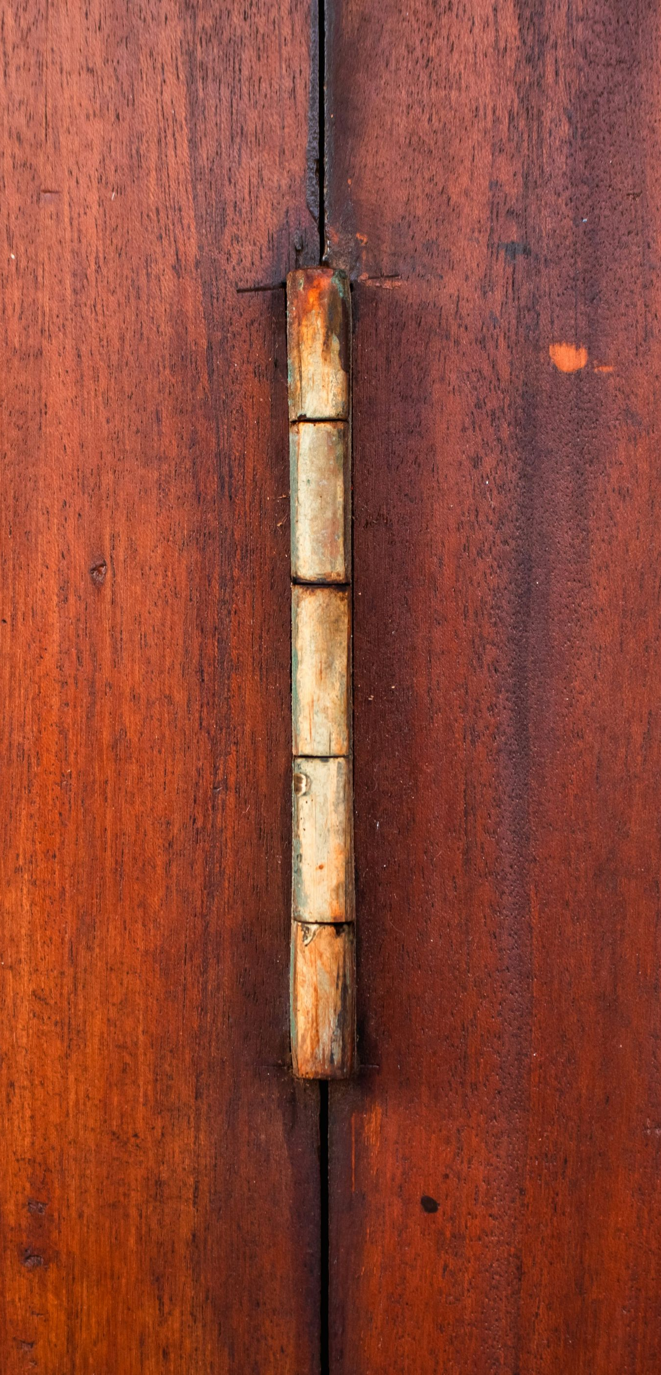 Rusty metal hinge on a weathered red-brown wooden door panel.