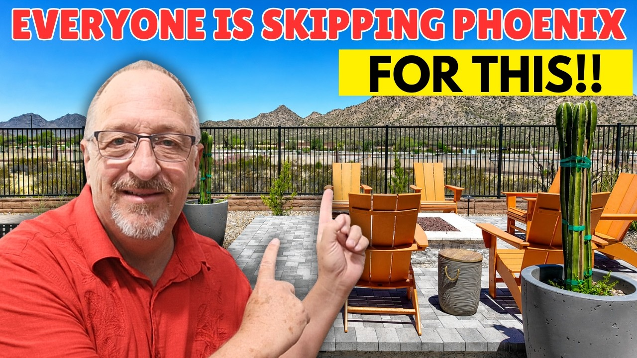 Man in red shirt pointing at a backyard with a pool and planters, with text: “EVERYONE IS SKIPPING PHOENIX FOR THIS!!”