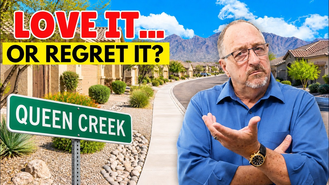 Man in blue shirt beside Queen Creek sign with text “Love it... or regret it?”