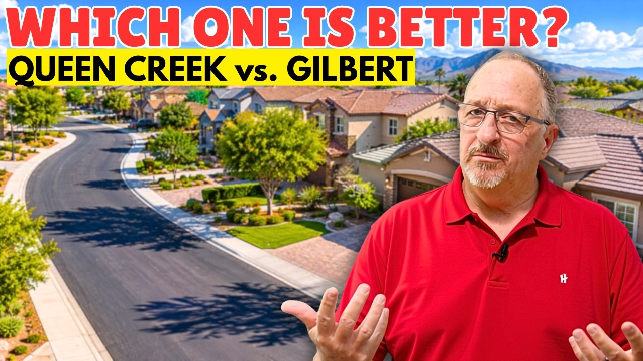 Banner reading “Which one is better? Queen Creek vs. Gilbert” with a man speaking outdoors on a suburban street.