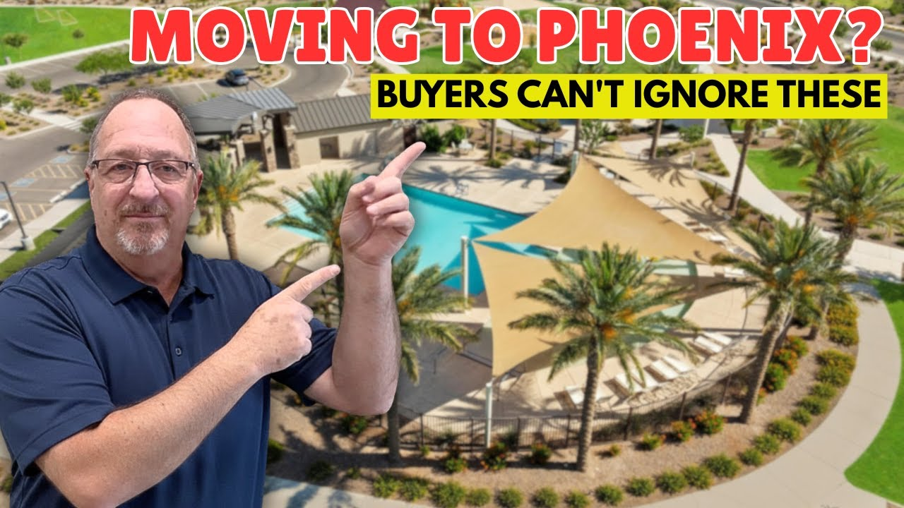 Man pointing at Phoenix resort pool with text: “MOVING TO PHOENIX? BUYERS CAN’T IGNORE THESE”