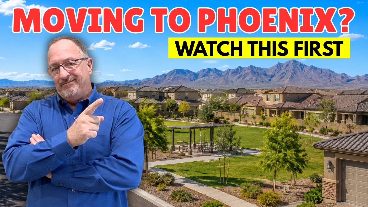 Man pointing at Phoenix neighborhood skyline with text: “MOVING TO PHOENIX? WATCH THIS FIRST”