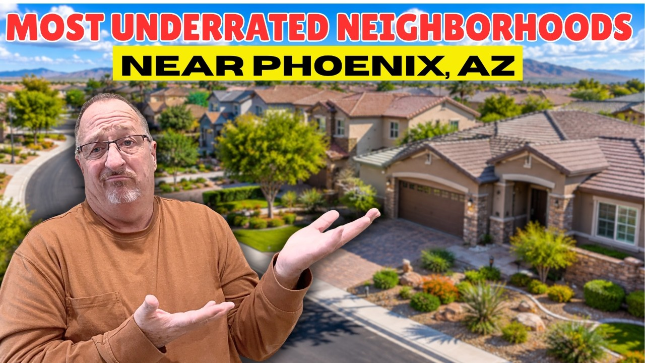 Man gesturing toward suburban homes with text “Most Underrated Neighborhoods Near Phoenix, AZ”