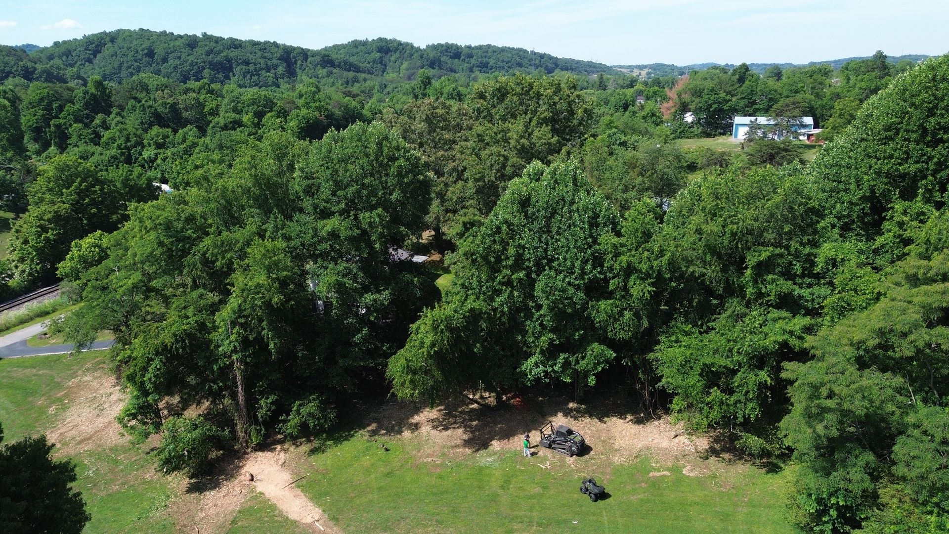 Green wooded hillside with a dirt path and grassy clearing under a clear sky