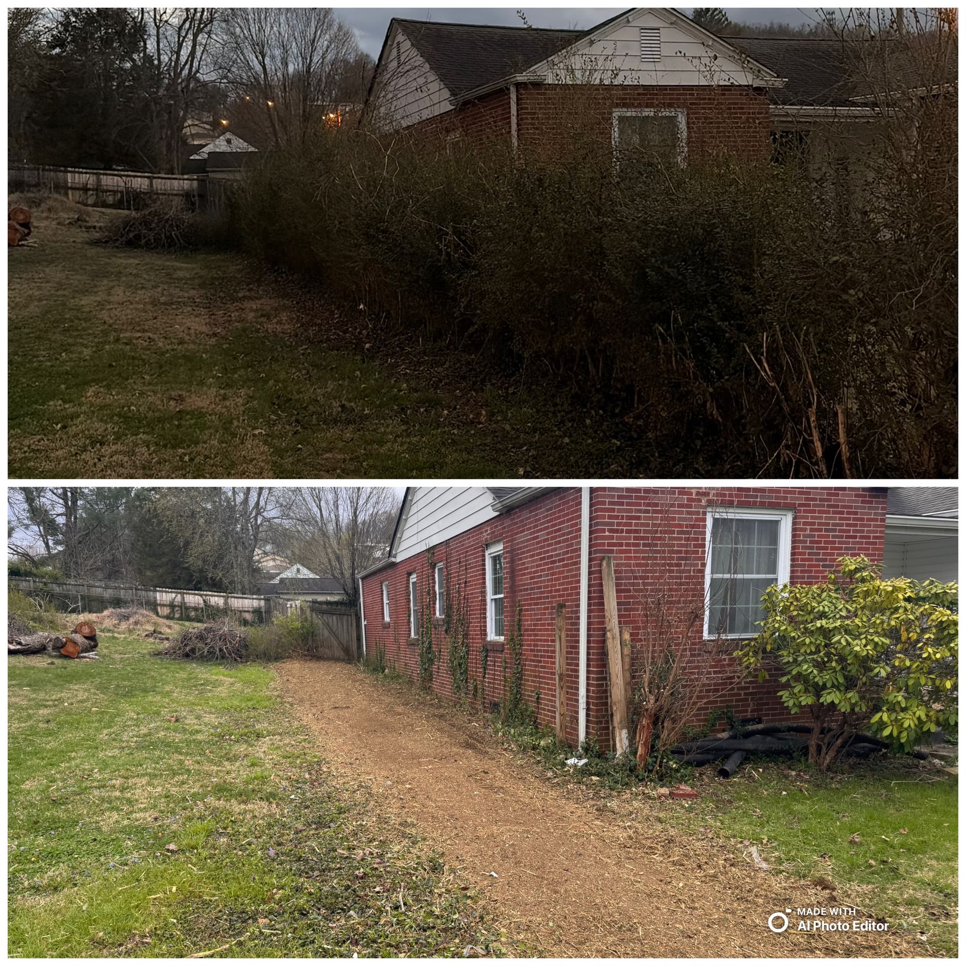 Before-and-after view of a brick house with overgrown bushes and a cleared side yard.