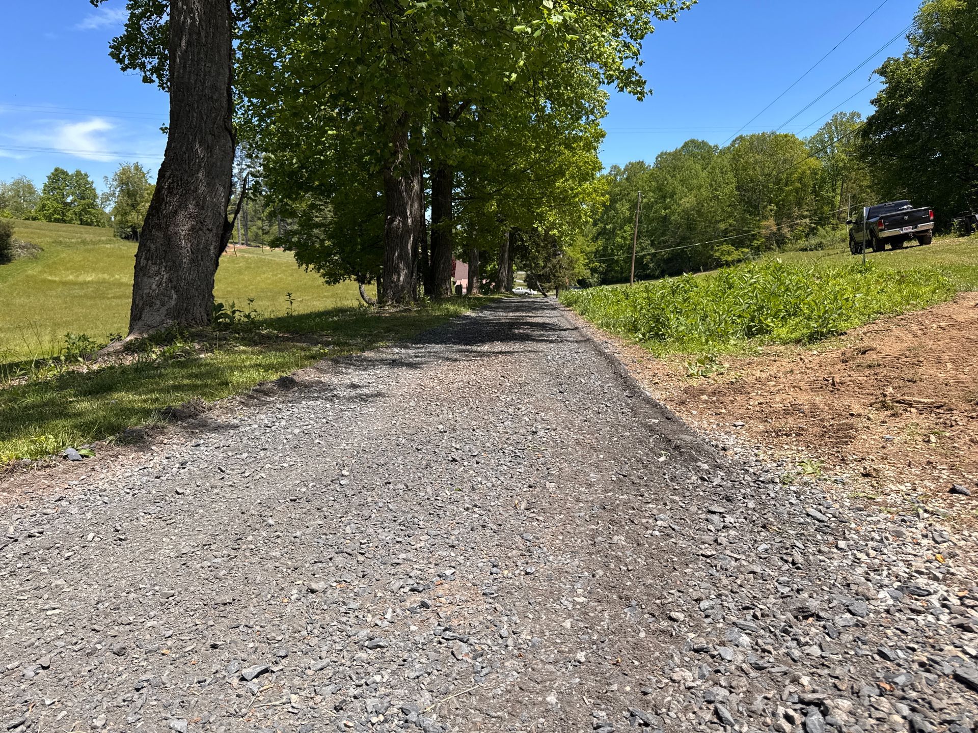 Gravel path lined with trees through a sunny grassy field, with a vehicle in the distance