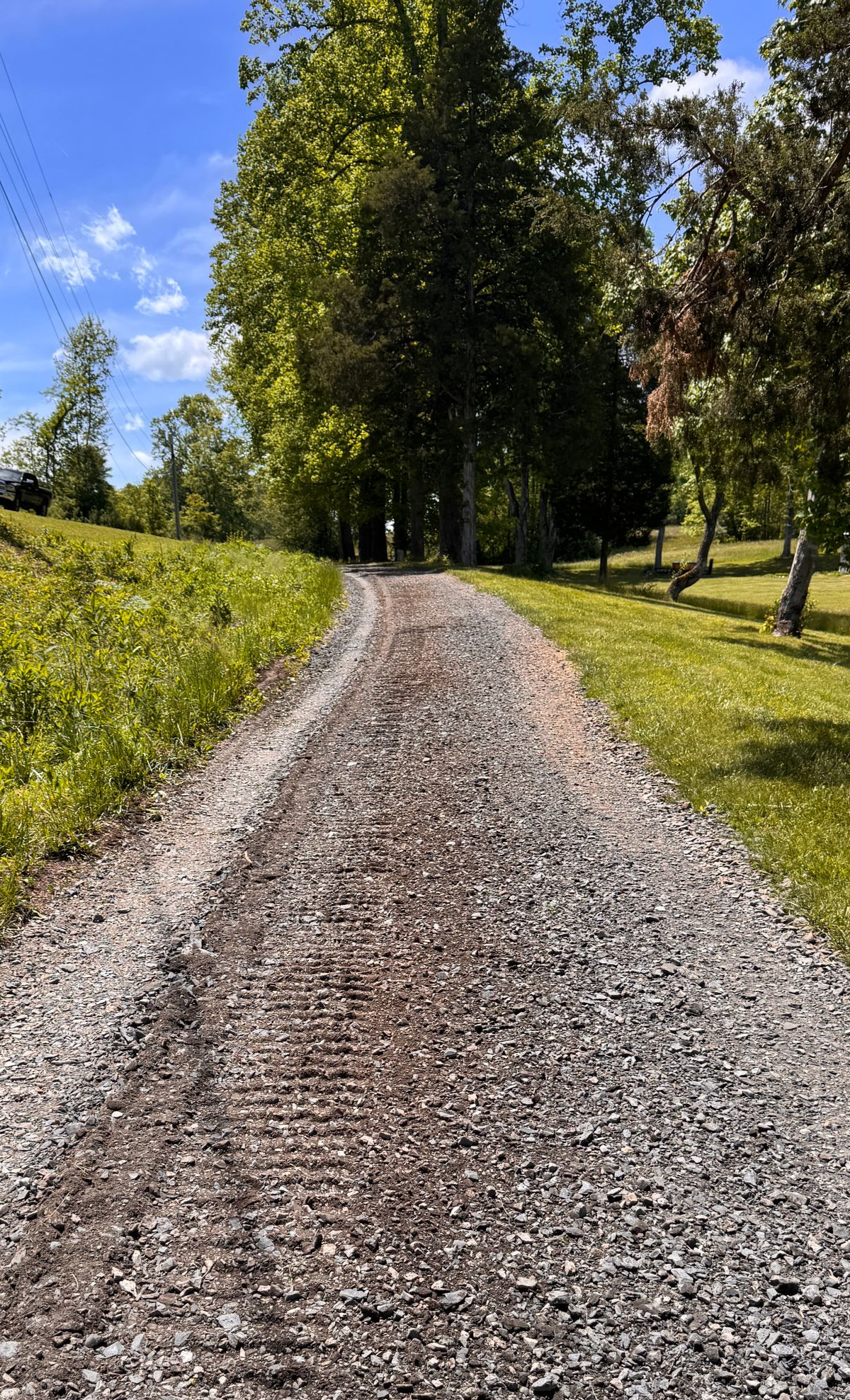 Gravel path curving through a sunny green park with trees and blue sky